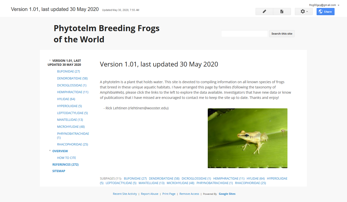 Phytotelm breeding frogs of the world website